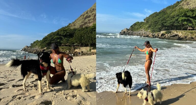 Campeã olímpica, Rebeca Andrade curte praia no Rio com seus cachorros; veja fotos